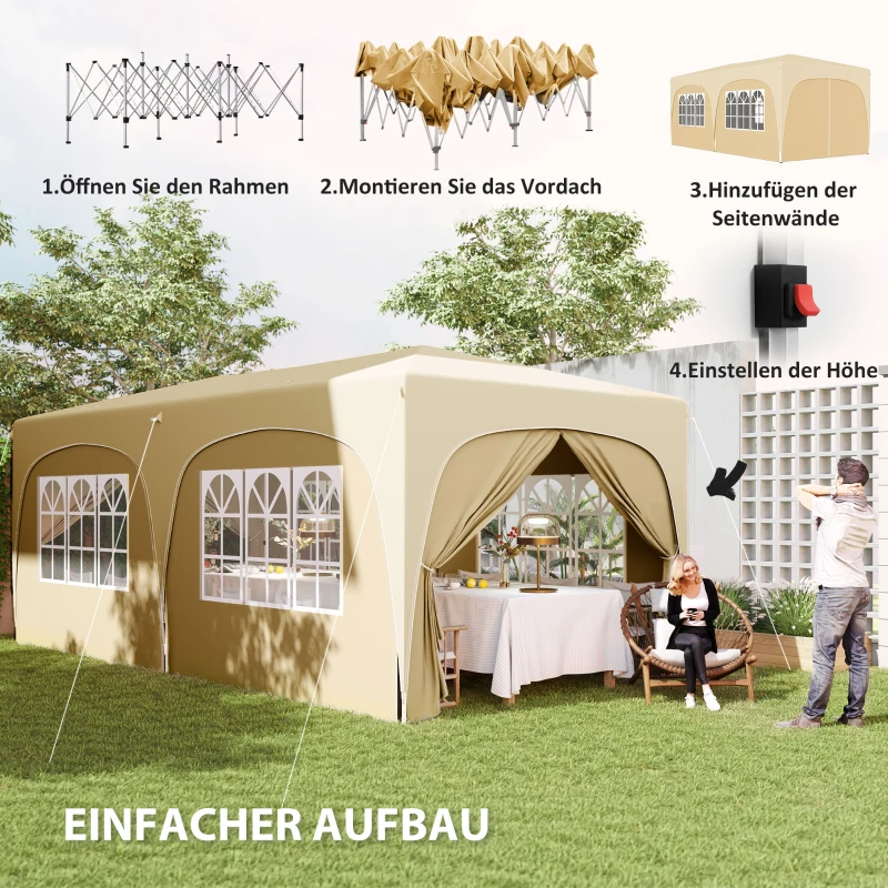 Outsunny 3 x 6 m Pop-up Pavillon mit Seitenwänden, UPF50+ höhenverstellbares Gartenzelt mit Tragetasche und Sandsäcken