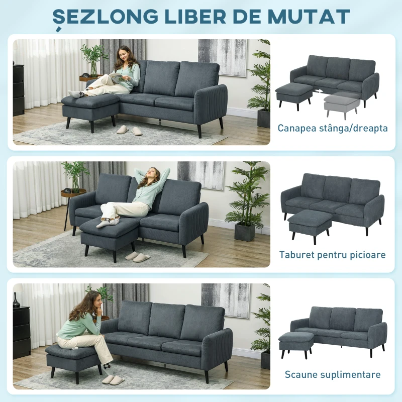 HOMCOM Canapea colțar cu 3 locuri și șezlong reversibil, din material textil cu aspect de catifea, 196x140x88 cm, gri cărbune(m-4)
