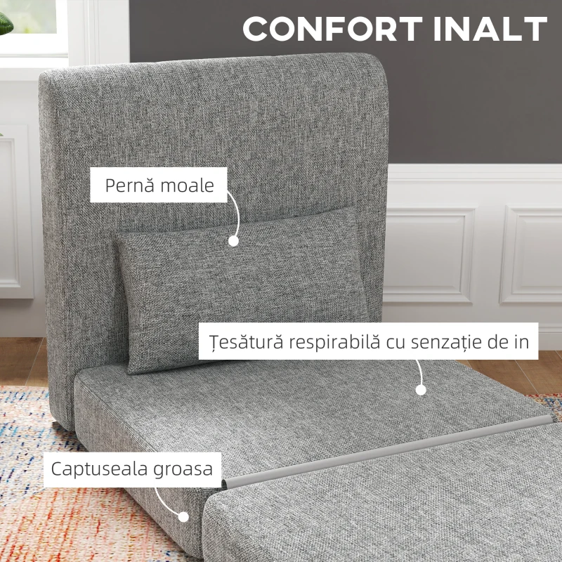 HOMCOM Fotoliu Pat Pliabil de Podea cu 3 Secțiuni Economisitor de Spațiu, din Material Textil, 80x75x74 cm, Gri(m-8)