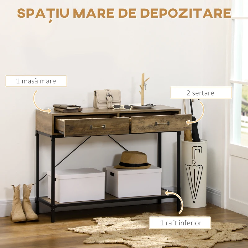 Homcom Masa Consola Vintage – Lemn & Metal cu Sertare & Raft