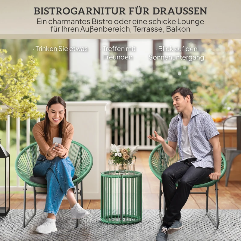 Outsunny 3-teiliges Outdoor-Möbelset, 1 Tisch, 2 Stühle, Glastischplatte, Kunststoff-Rattan um Stahlrahmen, weiche Kissen, Grün