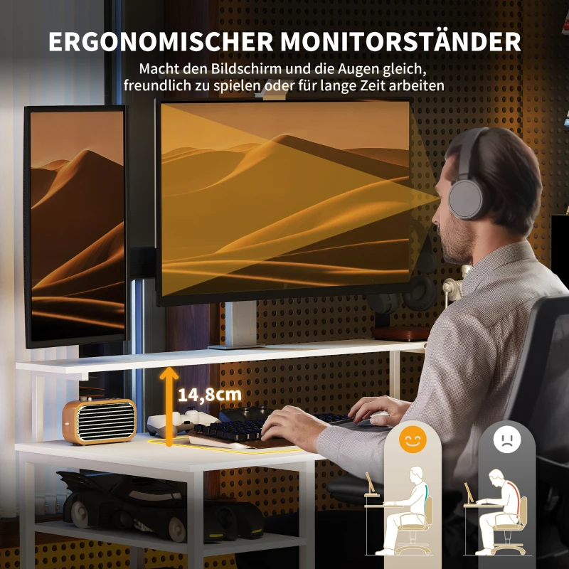 HOMCOM L-vormig bureau met oplaadstation, hoekcomputertafel met monitorstandaard en planken, voor thuiskantoor, kantoor, Wit(m-5)