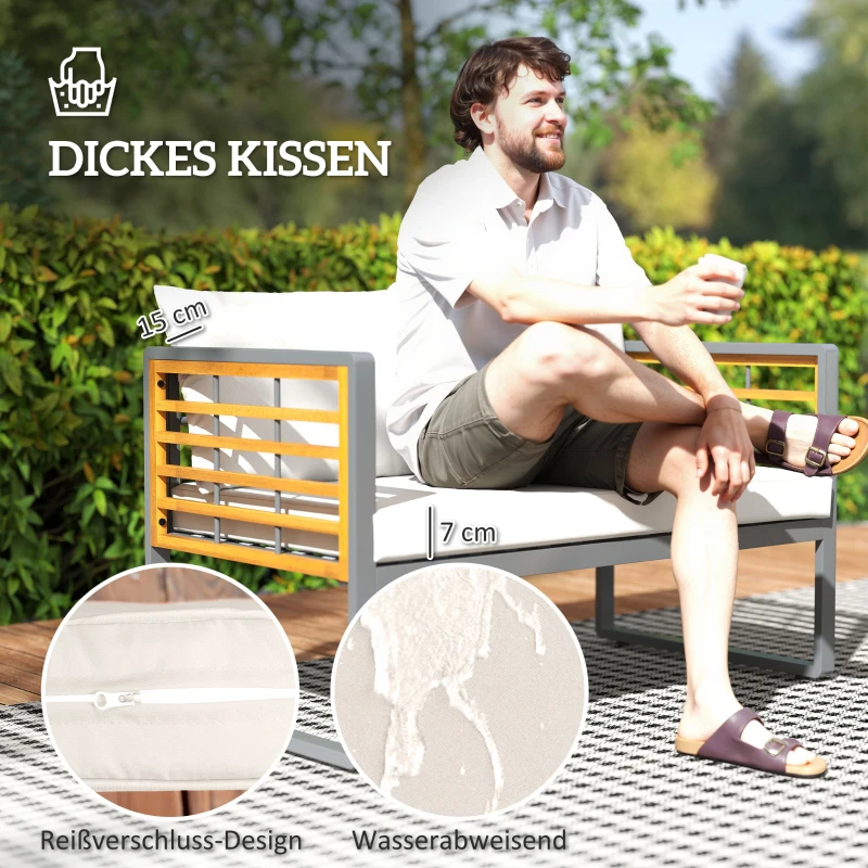 Outsunny 4-teiliges Gartenmöbel-Set, 2 Sessel, 1 Sofa, 1 Kaffeetisch, Sitzkissen, Akazienholz, Stahlgestell, Grau+Beige