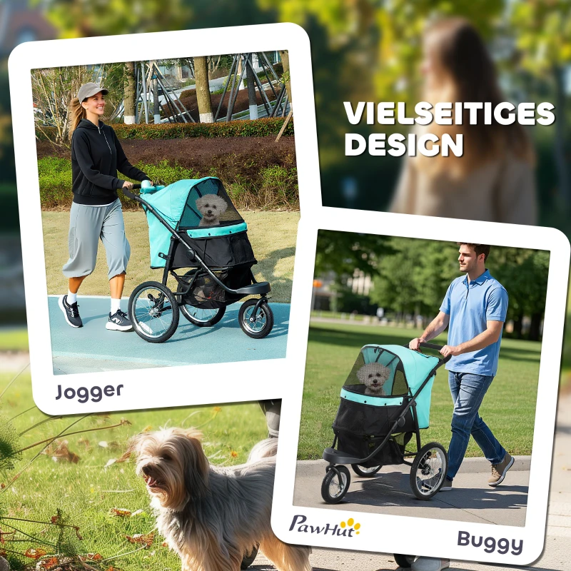 PawHut Hundebuggy, Haustierwagen für kleine Hunde und Katzen, mit Aufbewahrungskorb, Ein-Klick-Faltdesign, Türkis(m-4)