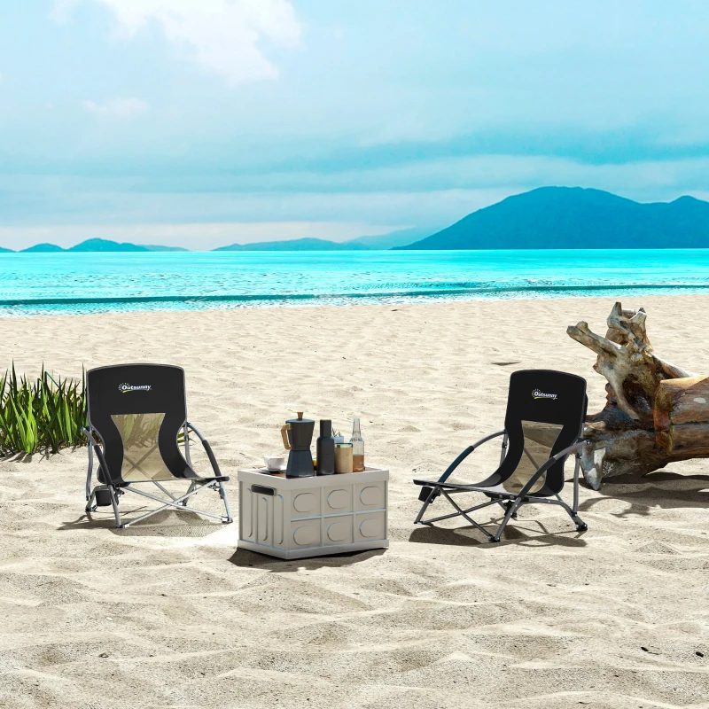 Outsunny Conjunto de 2 Cadeiras de Praia Dobráveis e Leves com Encosto de Malha Apoios de Braços e Bolsa 58x55x62 cm Preto