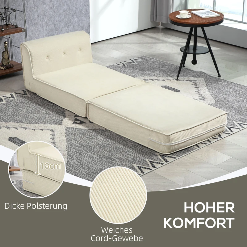 HOMCOM 2-in-1 Bodemsofa – Opvouwbare Slaapbank met Kordstructuur, Comfortabel Gestoffeerd, Draagvermogen tot 240 kg – Voor Woonkamer & Slaapkamer – Crèmewit