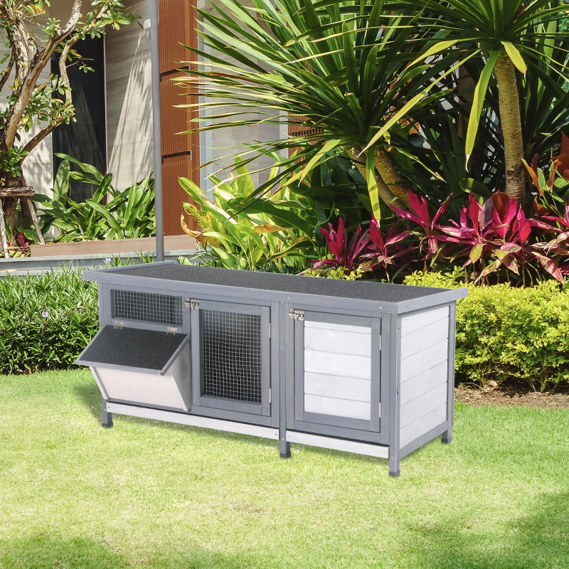 PawHut Coelheira de Madeira Gaiola para Coelhos com Telhado Asfáltico Rebatível Portas com Fecho Bandejas Removíveis 112x50x54 cm Cinzento