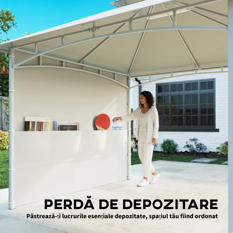 Outsunny Gazebo de grădină 3x3 m din metal cu perdele, buzunare pentru depozitare și cârlig de tavan, alb crem