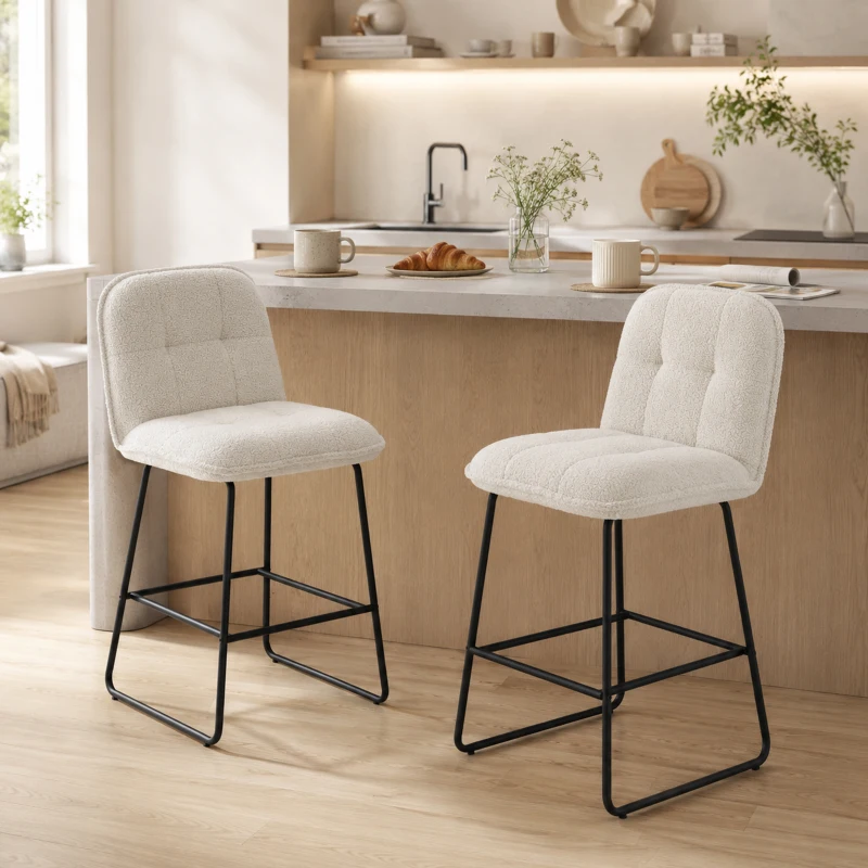 HOMCOM Lot de 2 Tabourets de Bar, Chaises de Bar Rembourrées en Tissu Bouclette, Extra-Large Assise 66H cm, Crème