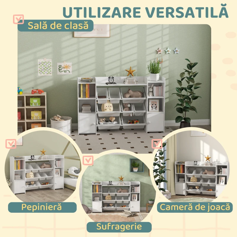 AIYAPLAY Raft pentru depozitarea jucăriilor pentru copii cu 8 containere detașabile și dulapuri, 140x30x90 cm, alb