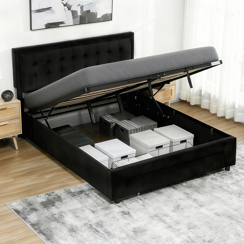 HOMCOM King Ottoman Bed Frame, Upholstered Bed Frame with Storage Drawer and Adjustable Headboard, 5ft, Black
