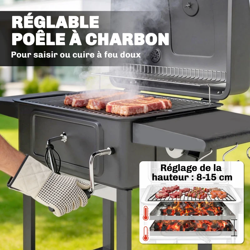 Outsunny Barbecue au charbon avec bac à charbon réglable, chariot grill de jardin fumoir avec tablettes latérales et thermomètre