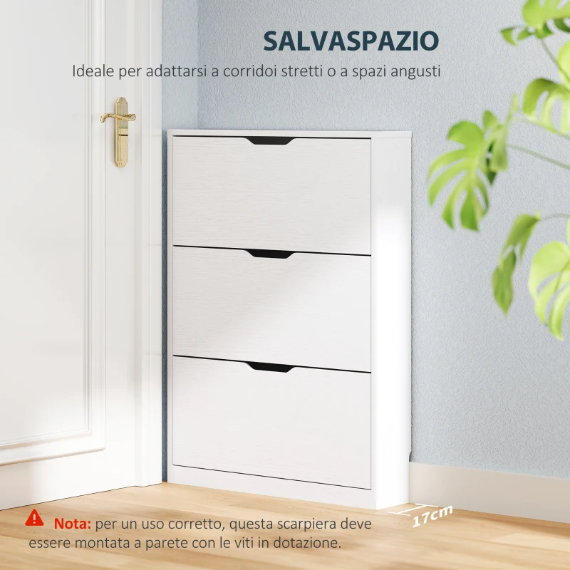 HOMCOM Scarpiera Slim a 3 Cassetti Ribaltabili con Intaglio Inferiore, in Legno, 80x17x108 cm, Bianco