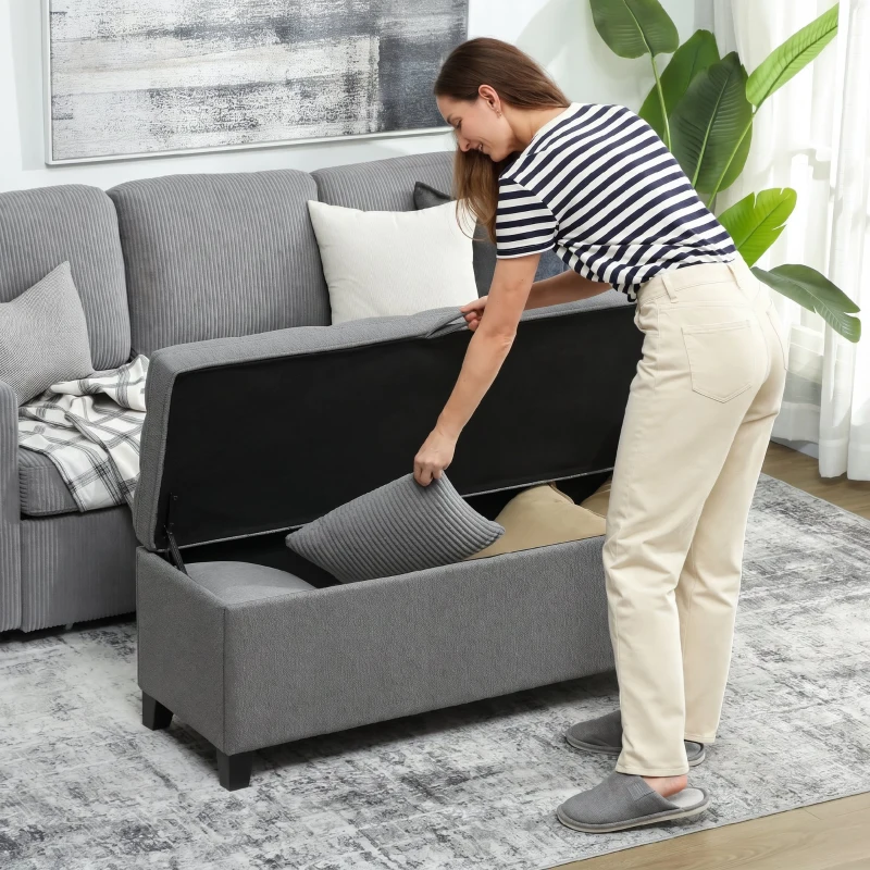 HOMCOM Zitbank met opbergruimte, gestoffeerde bank 120x40x48 cm met veiligheidsscharnieren, linnenlook, donkergrijs