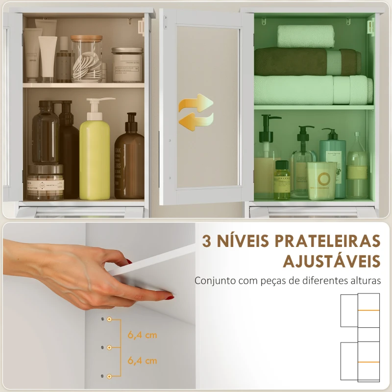 HOMCOM Coluna Casa de Banho com Porta de Vidro Prateleiras Ajustáveis Gaveta para Espaços Pequenos 40x31x170 cm Branco