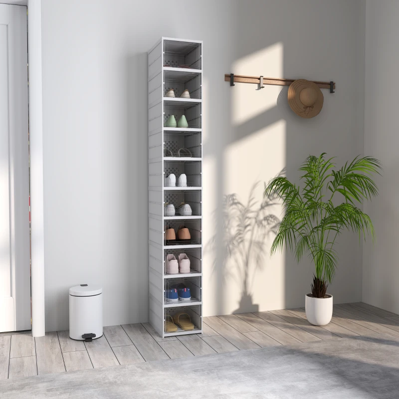 HOMCOM Scarpiera Pieghevole Slim Modulabile con 10 Contenitori per Scarpe, Scarpiera Salvaspazio con Pannello Trasparente, Senza Montaggio, Bianco