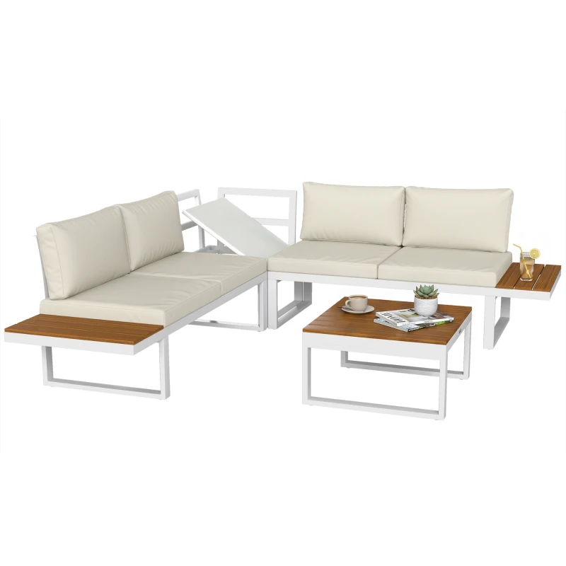 Outsunny Juego de Muebles de Terraza Incluye 2 Sofás Dobles 1 Sofá Esquinero Reclinable y Mesa de Centro con Cojines Crema