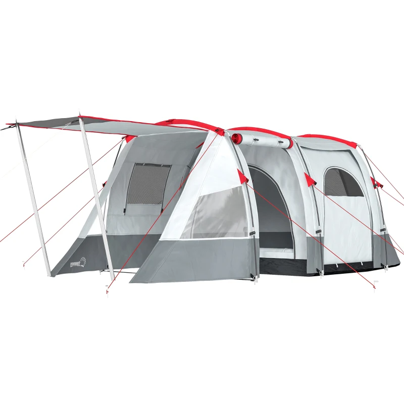 Outsunny Tente de camping familiale 6-8 personnes, tente tunnel imperméable, portes + fenêtres, 5,1 x 2,4 x 1,8 cm, gris clair