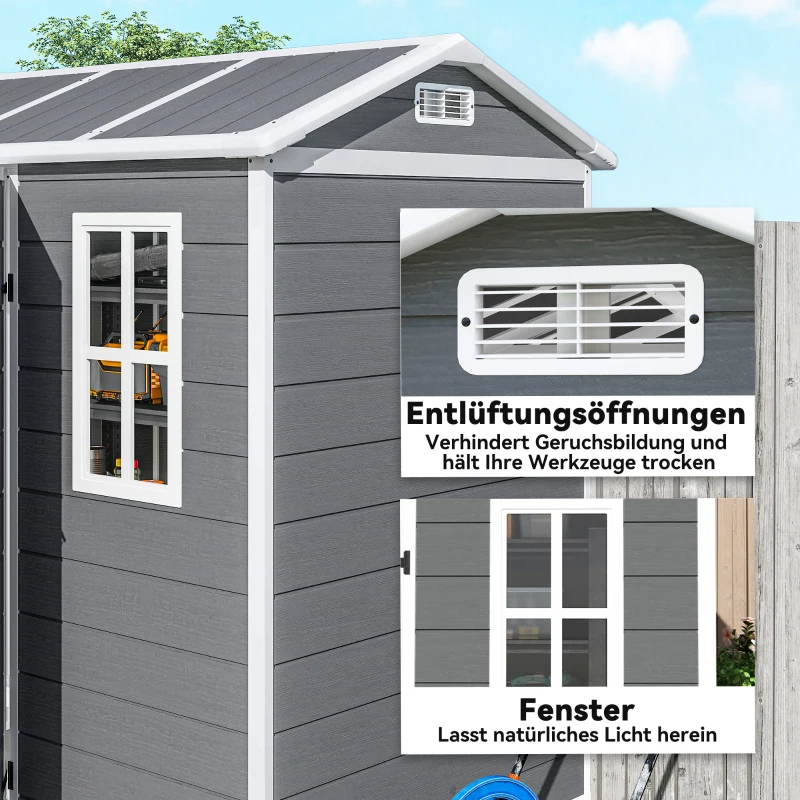 Outsunny Gartenhaus, Gartenschuppen mit Boden, Fenster, verschließbarer Tür, Kunststoff-Harz, wetterfest, Grau