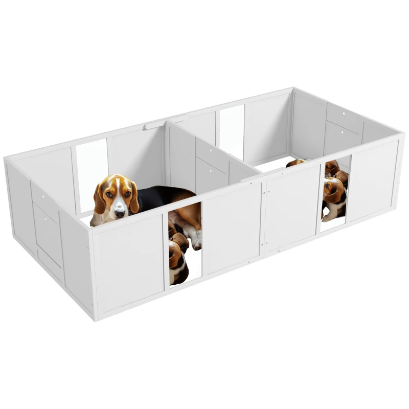 PawHut Werpkist voor puppy's, hondenren, puppyren met antislip vloerglijders en deur, houten honden werpkist, puppyren voor middelgrote honden, 196 x 96 x 48 cm, wit