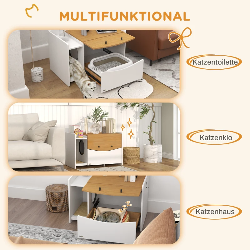 PawHut Katzentoilette, ausziehbar, Schrankdesign, Streufach, 78x50x51cm, Eiche/Weiß(m-7)
