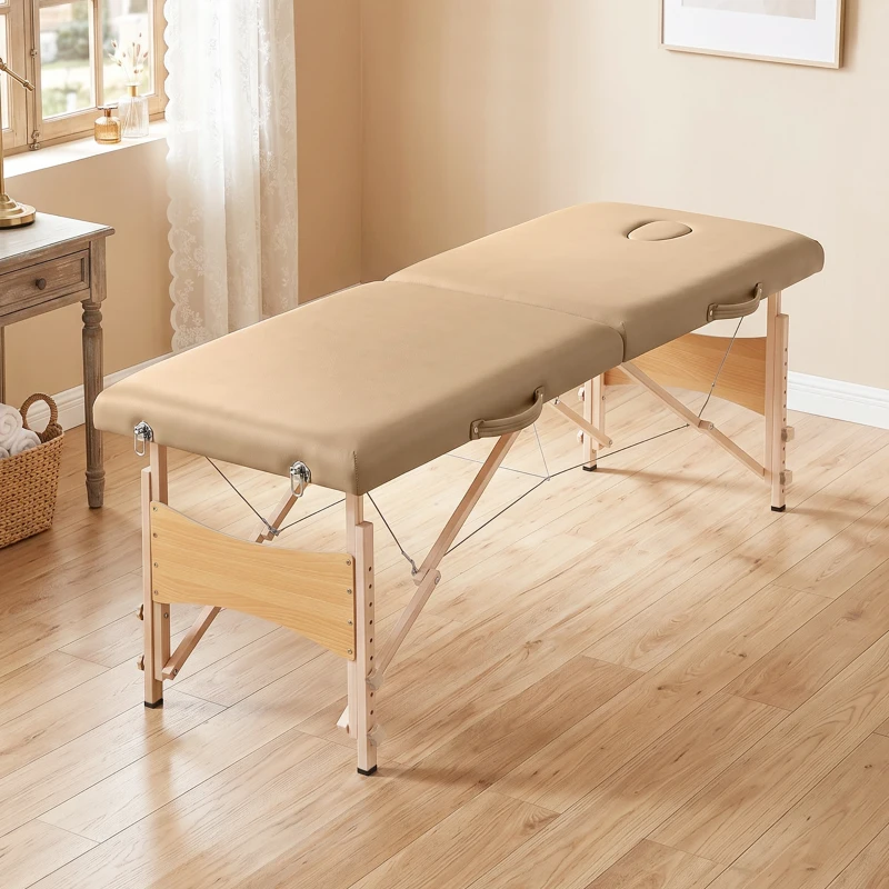 HOMCOM Table de massage pliante avec cadre en bois, hauteur réglable et housse de transport 186x60x61-87 cm Marron