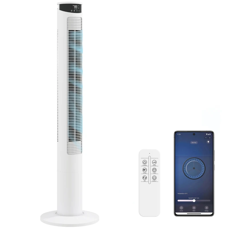 HOMCOM Tower Fan with WiFi Control Standing Floor Fan with Remote Control 116 cm White