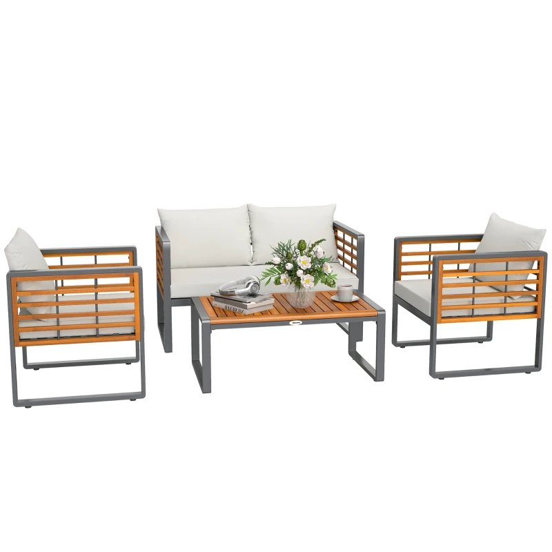 Outsunny 4-teiliges Gartenmöbel-Set, 2 Sessel, 1 Sofa, 1 Kaffeetisch, Sitzkissen, Akazienholz, Stahlgestell, Grau+Beige