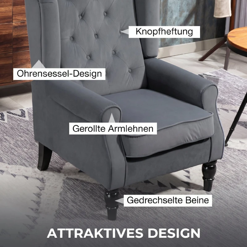HOMCOM Elegante oorfauteuil, dik gevoerd, afneembare bekleding, 74 x 86 x 102 cm, grijs