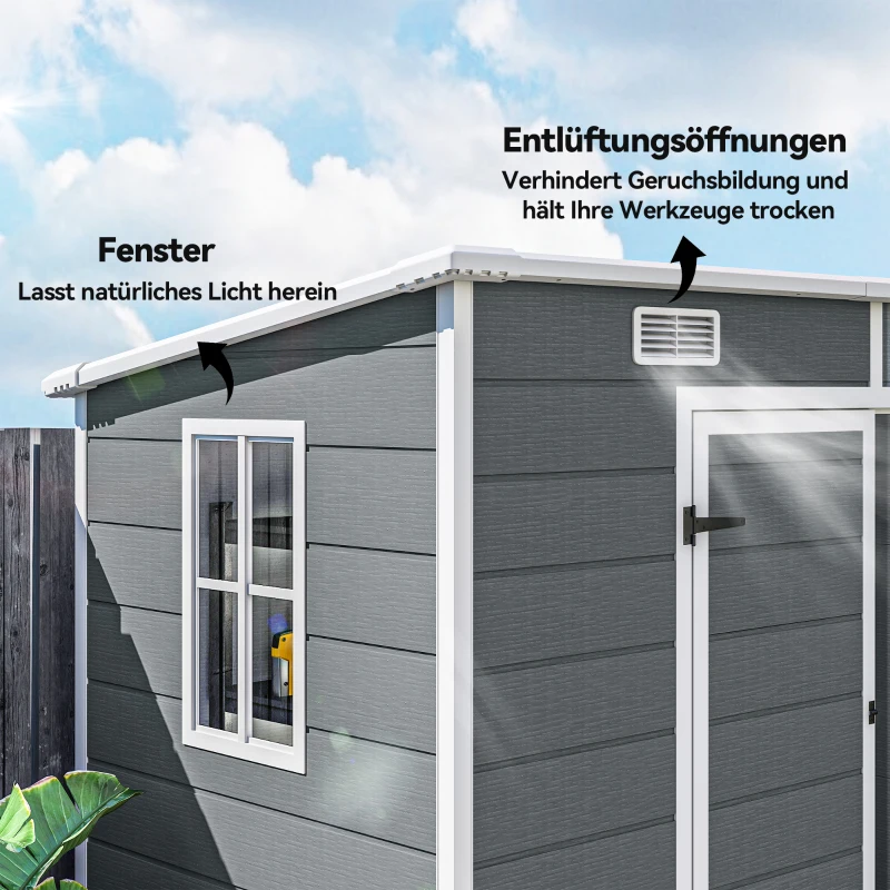 Outsunny 2,4 x 1,3 m Gartenschuppen, Kunststoff-Gartenhaus mit Boden, Fenster, verschließbare Türen, für Garten, Terrasse, Grau