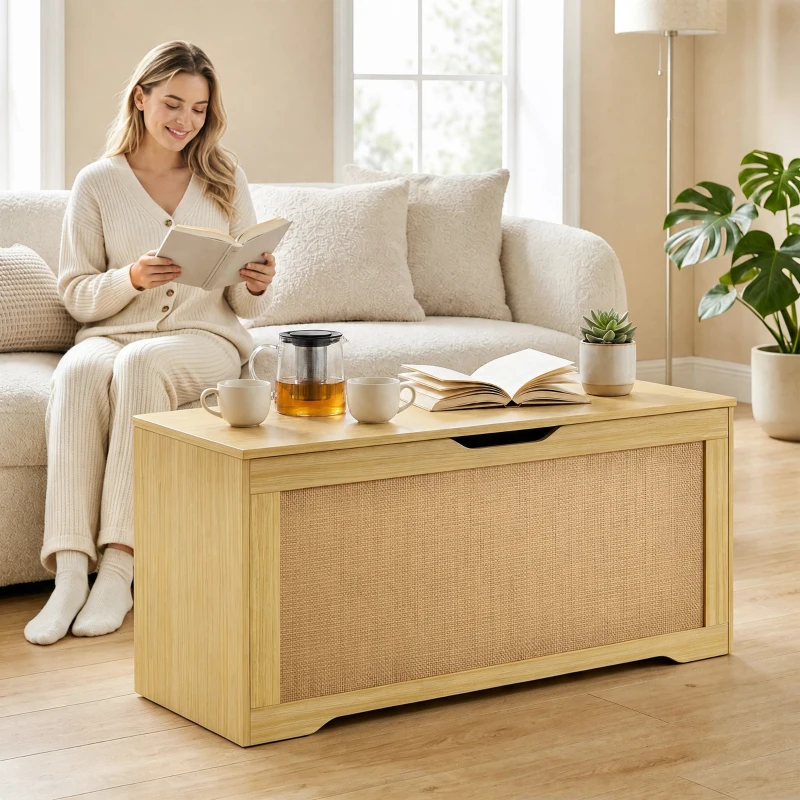 HOMCOM Cufăr de depozitare 108L Bancă de depozitare cu panou din ratan Capac Brațe de susținere pentru hol 80x40x45cm Stejar
