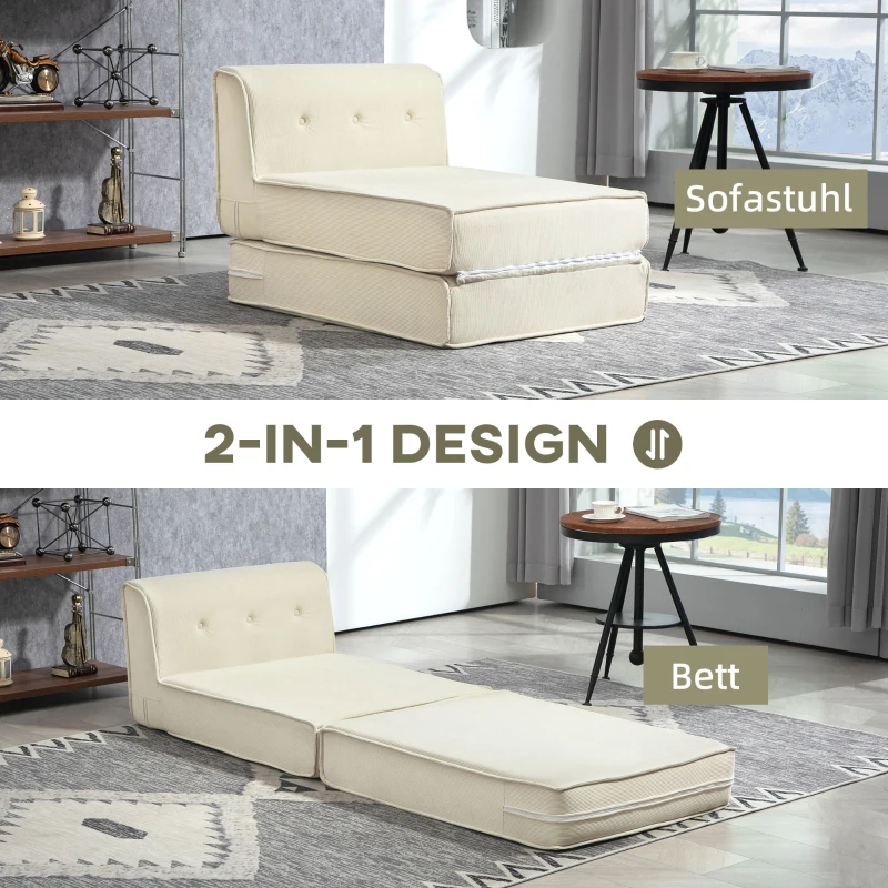 HOMCOM 2-in-1 Bodemsofa – Opvouwbare Slaapbank met Kordstructuur, Comfortabel Gestoffeerd, Draagvermogen tot 240 kg – Voor Woonkamer & Slaapkamer – Crèmewit
