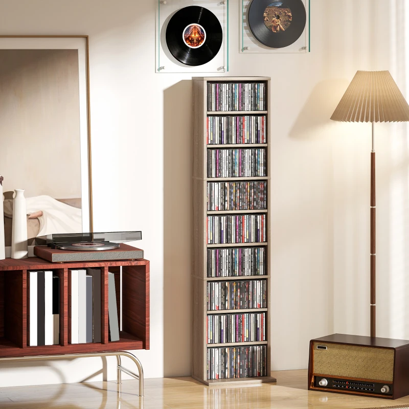 HOMCOM Estante para CDs e DVDs Suportes para CD Estreitos com 9 Compartimentos Prateleiras Ajustáveis 33x24x140 cm Madeira