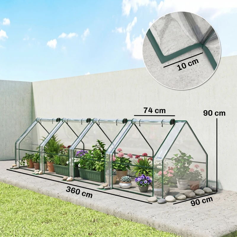 Outsunny Kas met ritsvenster, winterbestendige buiskas van staal 360 x 90 x 90 cm transparant