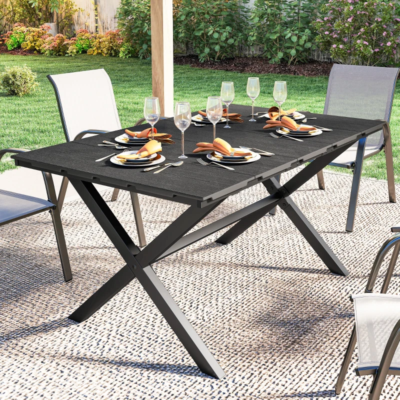 Outsunny Mesa de Comedor de Jardín para 6 Personas con Superficie de HDPE de Listones Estructura Metálica 150x90x74 cm Negro