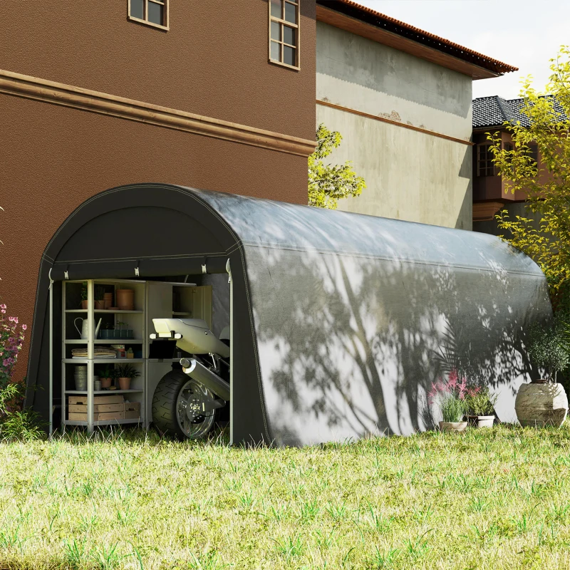 Outsunny Tuinschuur met kunststofzeil, gereedschapstent, opzetbare garage, 300B x 600T x 230H cm, Donkergrijs