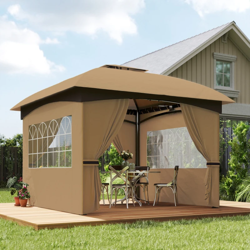Outsunny Foișor de Grădină 3.4x3.4m cu Pereți, Protecție UV și Acoperiș pe 2 Niveluri, Bej