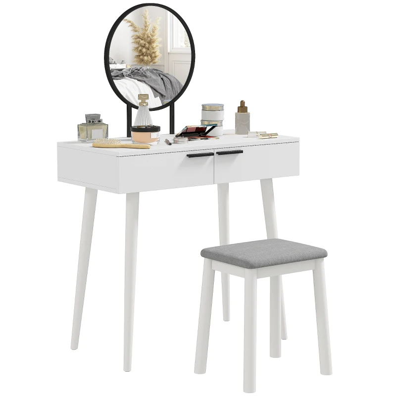HOMCOM Modern Dressing Table with Round Mirror and Stool, Makeup Vanity Table with 2 Drawers for Bedroom, Living Room, 80 x 40 x 123 cm, White