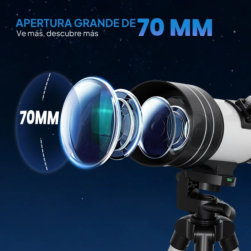 Outsunny Telescopio Refractor Astronómico para Adultos y Principiantes Apertura 70 mm con Lente Barlow Trípode Ajustable Blanco