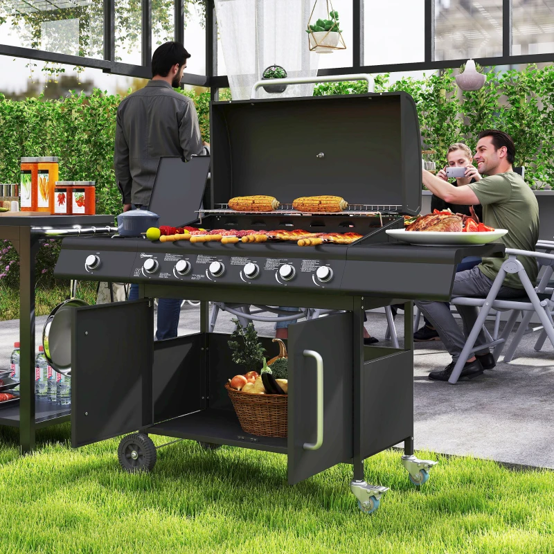 Outsunny Fahrbarer Gasgrill mit Stauraum, Seitentisch, Seitenbrenner, Warmhalterost, Thermometer, Edelstahl, Schwarz