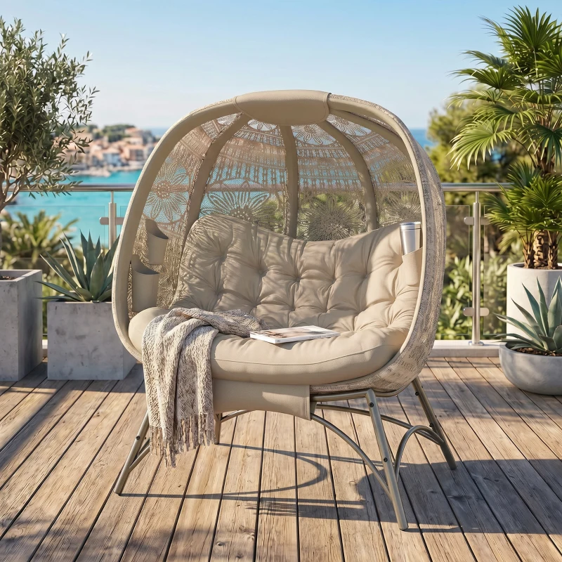 Outsunny Lettino da Giardino 2 Posti con Copertura Decorata e Cuscino Spesso, 126x75x142 cm Marrone
