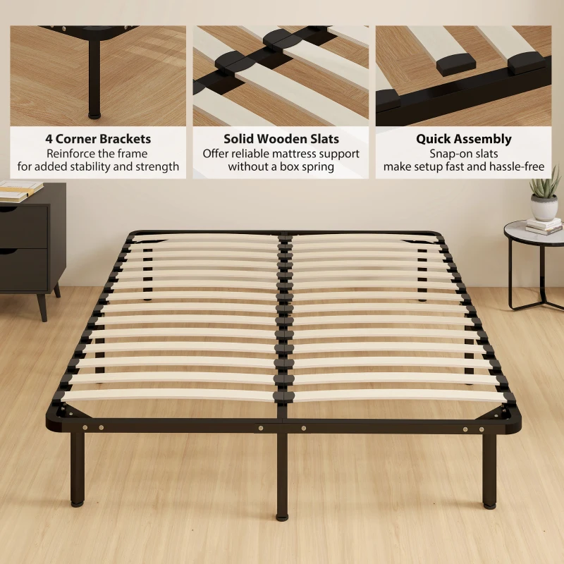 HOMCOM 4ft6 Double Bed Frame, Metal Platform Bed Frame with 2 x 14 Wood Slats, No Box Spring Needed, Underbed Storage, Black