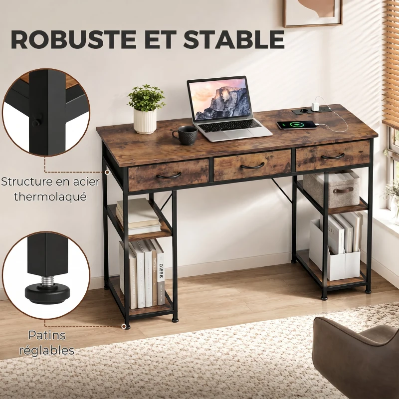 HOMCOM Bureau avec rangement avec prises de courant, 3 tiroirs en tissu et 4 étagères de rangement, 120 x 40 x 76 cm, marron