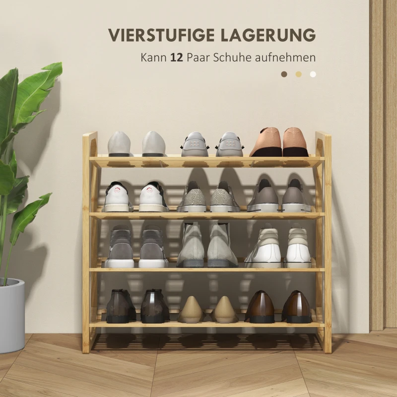HOMCOM Schoenenrek met 4 lagen, schoenenopberger voor maximaal 12 paar schoenen, schoenenkast voor hal of entree, naturel