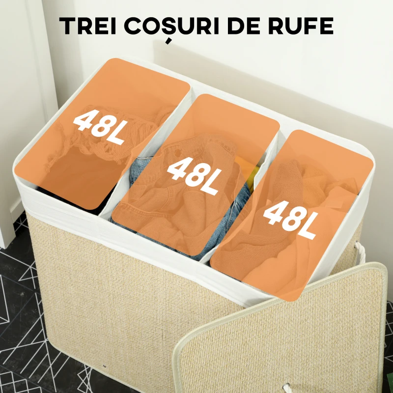 HOMCOM Coș pentru Rufe din Bambus cu Capac, 144L, 3 Compartimente, Sac Detașabil și Lavabil, Mânere, Crem
