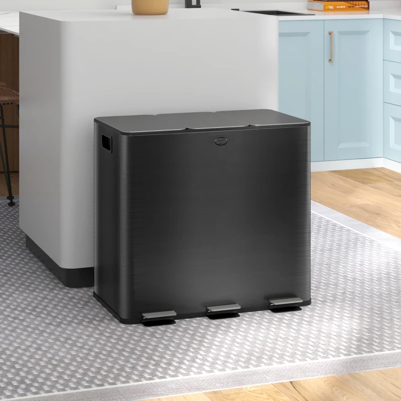 HOMCOM Papelera de Cozinha em Aço Inoxidável com 3 Compartimentos 3x15L com Pedais, Tampas de Fecho Suave e Balde Removível Preto