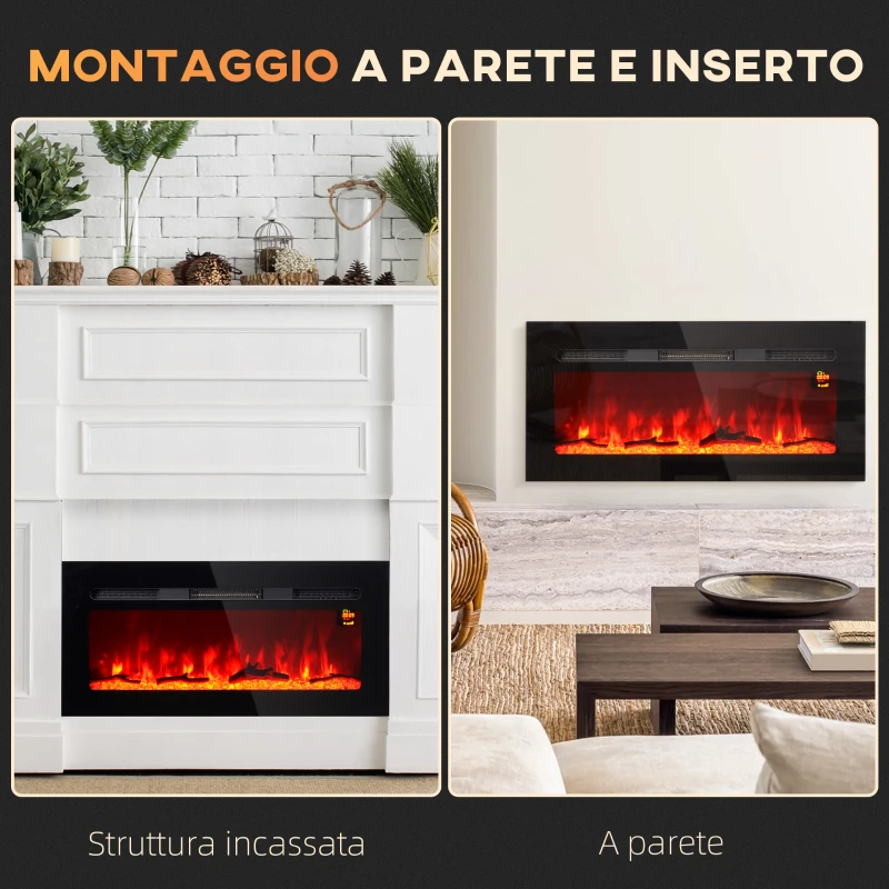 HOMCOM Camino Elettrico 1800W Regolabile con Telecomando, in Acciaio e Vetro Temperato, 91.4x15.8x45 cm, Nero