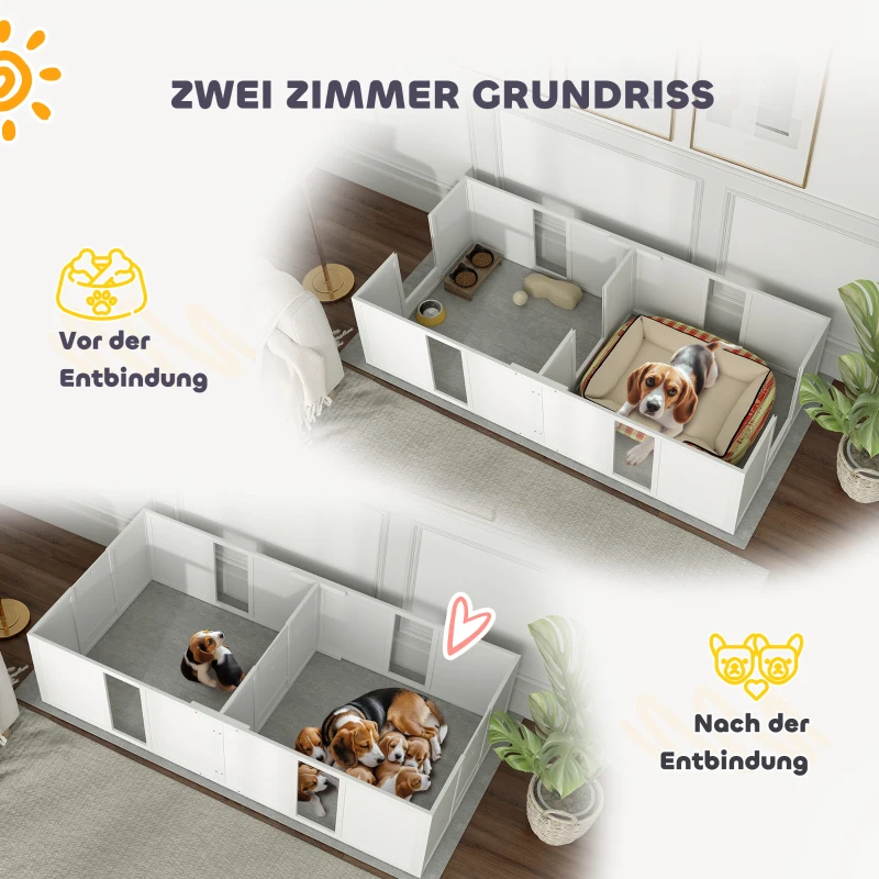 PawHut Werpkist voor puppy's, hondenren, puppyren met antislip vloerglijders en deur, houten honden werpkist, puppyren voor middelgrote honden, 196 x 96 x 48 cm, wit