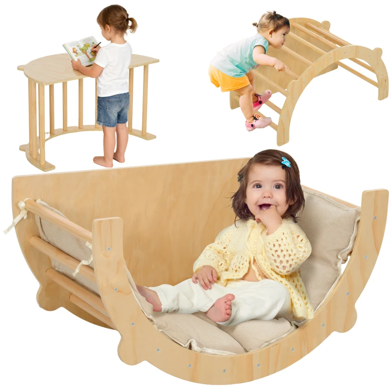 AIYAPLAY 3 en 1 Arche d'escalade fauteuil à bascule et table de jeu coussin, en bois naturel, pour enfants de 18 à 48 mois