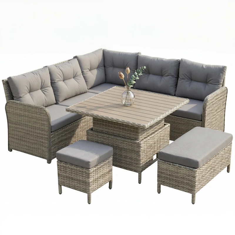Outsunny 7 Seater Rattan Garden Furniture Set, 6 Piece Patio Dining Set with Liftable Coffee Table and Soft Padded Cushion, Wicker Sectional Conversation Corner Sofa, 123 x 55 x 84 cm, Light Grey